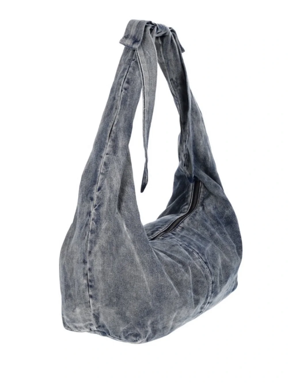 Bow Hobo Bag in blue denim, featuring a slouchy silhouette and a tie bow detail